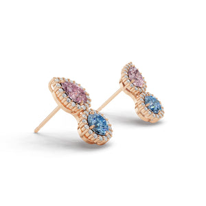 斜めから見たピンクゴールド・プラチナカラーのヘイローデュオカラーダイヤモンドピアス、シルバー・K10・K18対応 ラボグロウンダイヤモンド使用