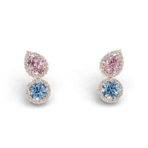 正面から見たピンクゴールド・プラチナカラーのヘイローデュオカラーダイヤモンドピアス、シルバー・K10・K18対応 ラボグロウンダイヤモンド使用