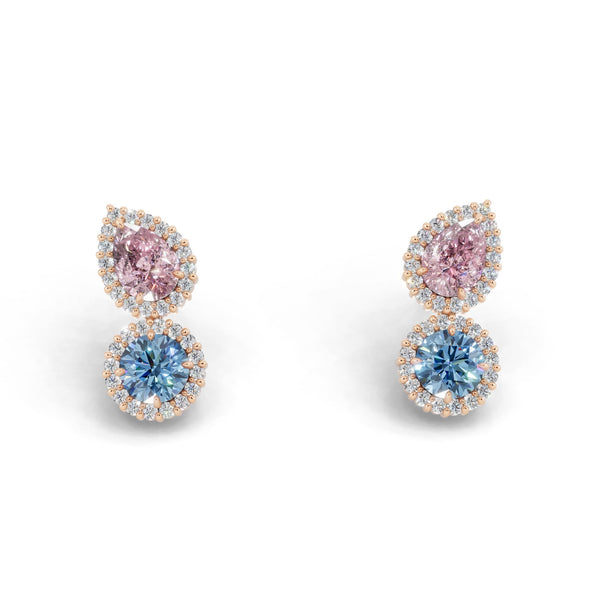 正面から見たピンクゴールド・プラチナカラーのヘイローデュオカラーダイヤモンドピアス、シルバー・K10・K18対応 ラボグロウンダイヤモンド使用