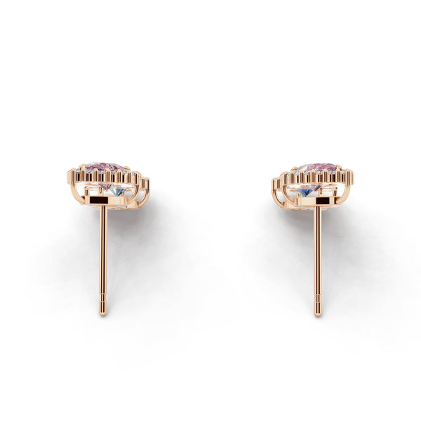 サイドから見たピンクゴールド・プラチナカラーのヘイローデュオカラーダイヤモンドピアス、シルバー・K10・K18対応 ラボグロウンダイヤモンド使用
