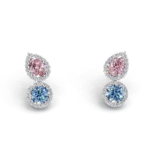 正面から見たホワイトゴールド・プラチナカラーのヘイローデュオカラーダイヤモンドピアス、シルバー・K10・K18対応 ラボグロウンダイヤモンド使用