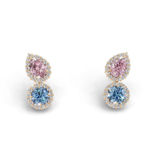 正面から見たイエローゴールドカラーのヘイローデュオカラーダイヤモンドピアス、シルバー・K10・K18対応 ラボグロウンダイヤモンド使用