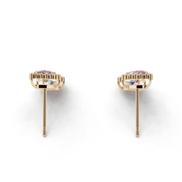 サイドから見たイエローゴールドカラーのヘイローデュオカラーダイヤモンドピアス、シルバー・K10・K18対応 ラボグロウンダイヤモンド使用