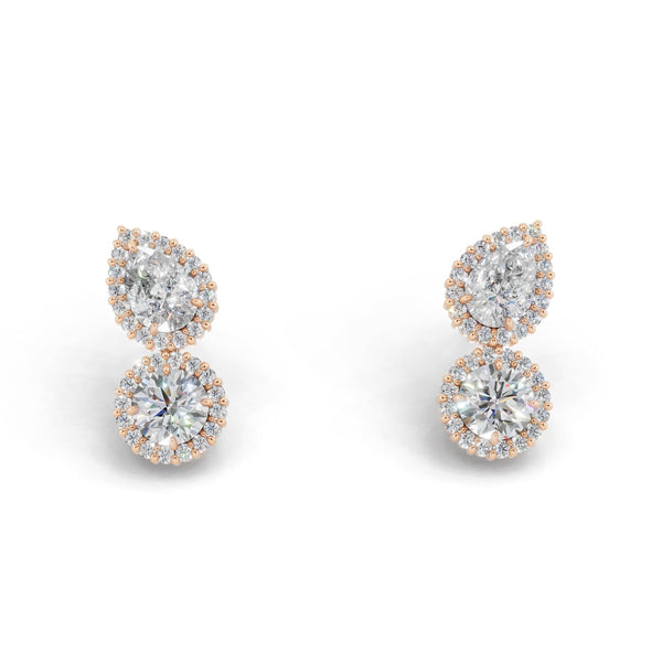 正面から見たピンクゴールド・プラチナカラーのヘイローデュオダイヤモンドピアス、シルバー・K10・K18対応 ラボグロウンダイヤモンド使用