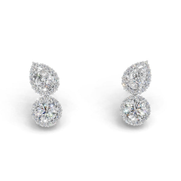 正面から見たホワイトゴールド・プラチナカラーのヘイローデュオダイヤモンドピアス、シルバー・K10・K18対応 ラボグロウンダイヤモンド使用