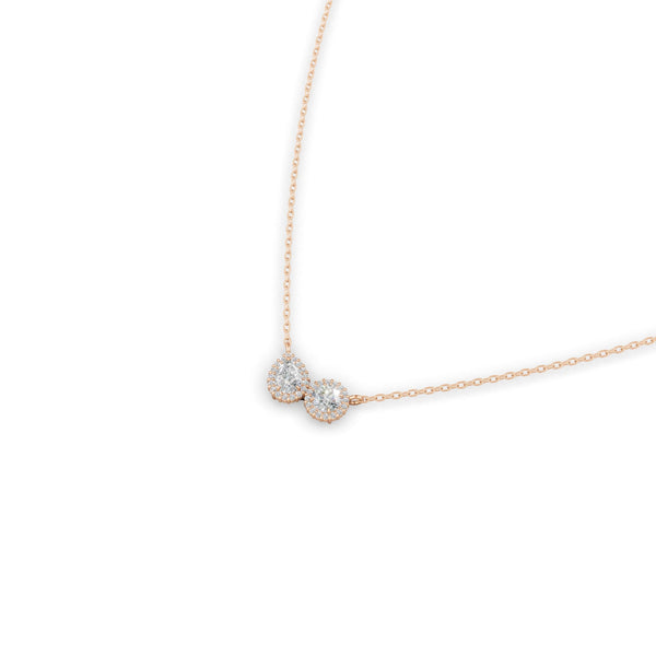 斜めから見たピンクゴールド・プラチナカラーのヘイローデュオダイヤモンドネックレス、シルバー・K10・K18対応 ラボグロウンダイヤモンド使用