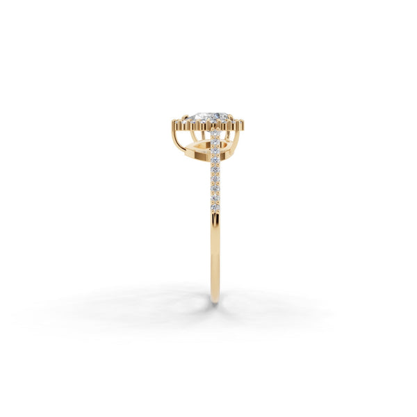 サイドから見たイエローゴールドカラーのヘイローデュオダイヤモンドリング、シルバー・K10・K18対応 ラボグロウンダイヤモンド使用